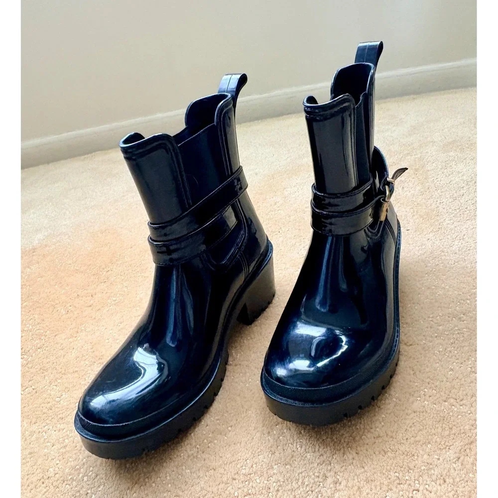 Unbranded Women's Black Glossy Rubber Buckle Ankle Rain Boots Chunky Heel Size 7